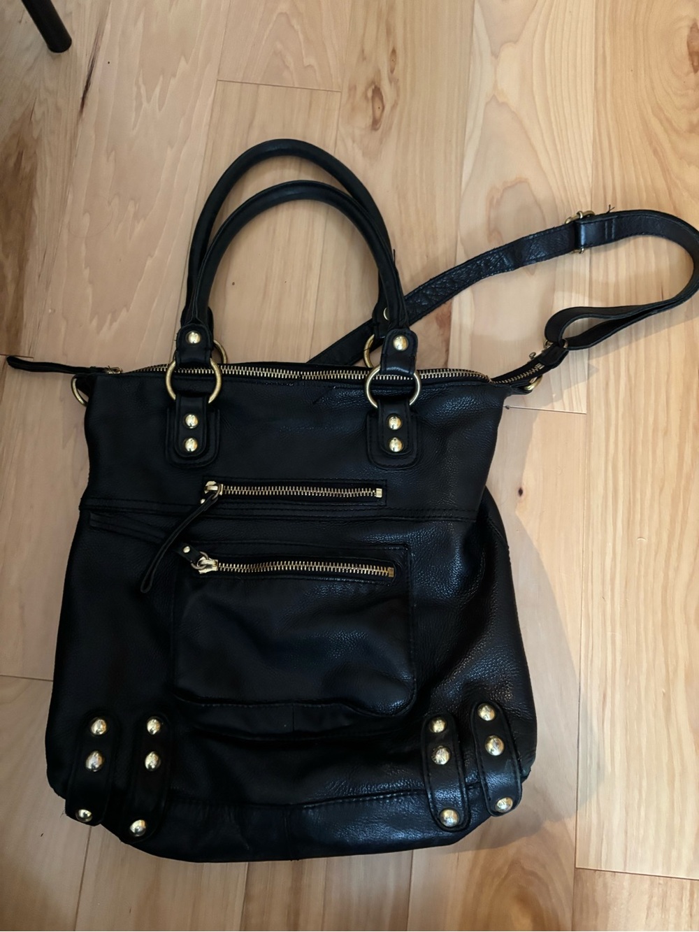 LINEA PELLE Classic Black Leather Tote with Gold Hardware